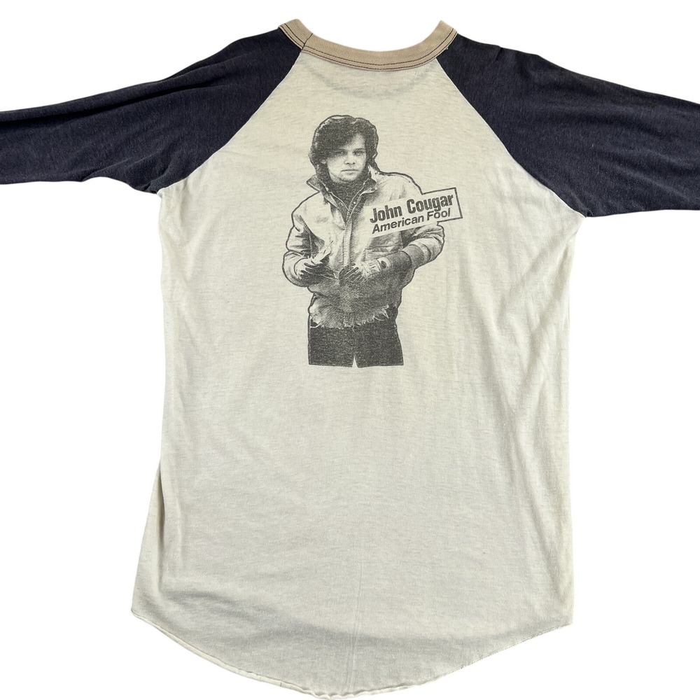 Vtg 80's Tour John Cougar Mellencamp American Fool Raglan Shirt L White Men Rock